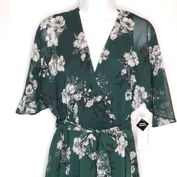 NEW Sandra Darren Floral Dress Sz 6 Sheer Green Belted Waisted A-Line V-Neck - Picture 1 of 7